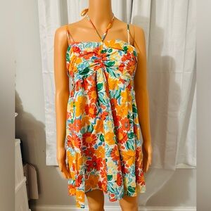Adorable Copper Key size S white orange floral halter tie back dress new